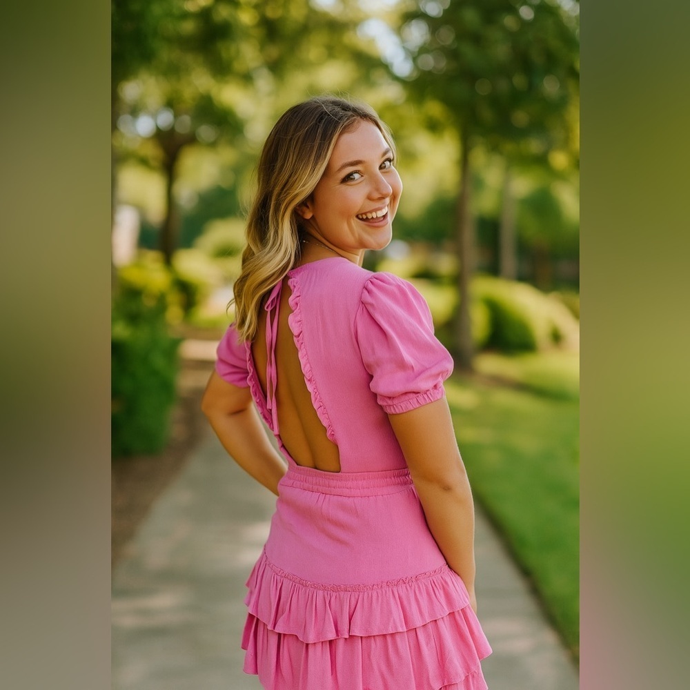 Item Ditto Pink Ruffled Short Sleeve Double Layer Dress- Size Small